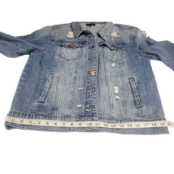See Thru Soul Distressed Blue Jean Denim Boyfriend Jacket Women Size Medium - Picture 7 of 16